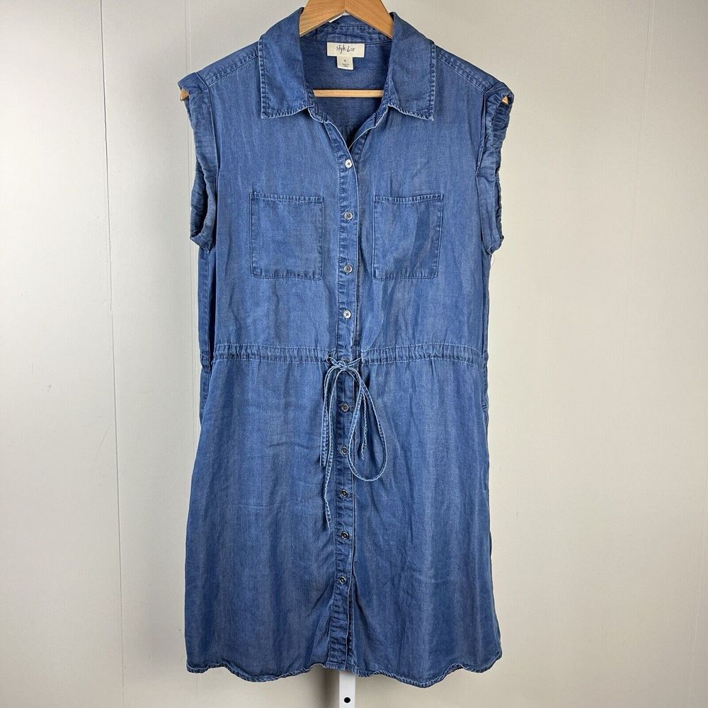 Style & Co. Casual Day Dress Blue Chambray Lyocell Pockets Womens Small